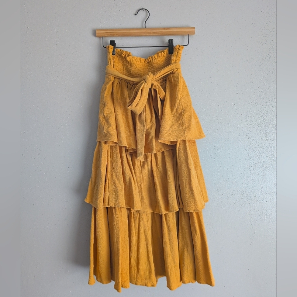 Free People Tiered Cotton Mustard Yellow Maxi Skirt